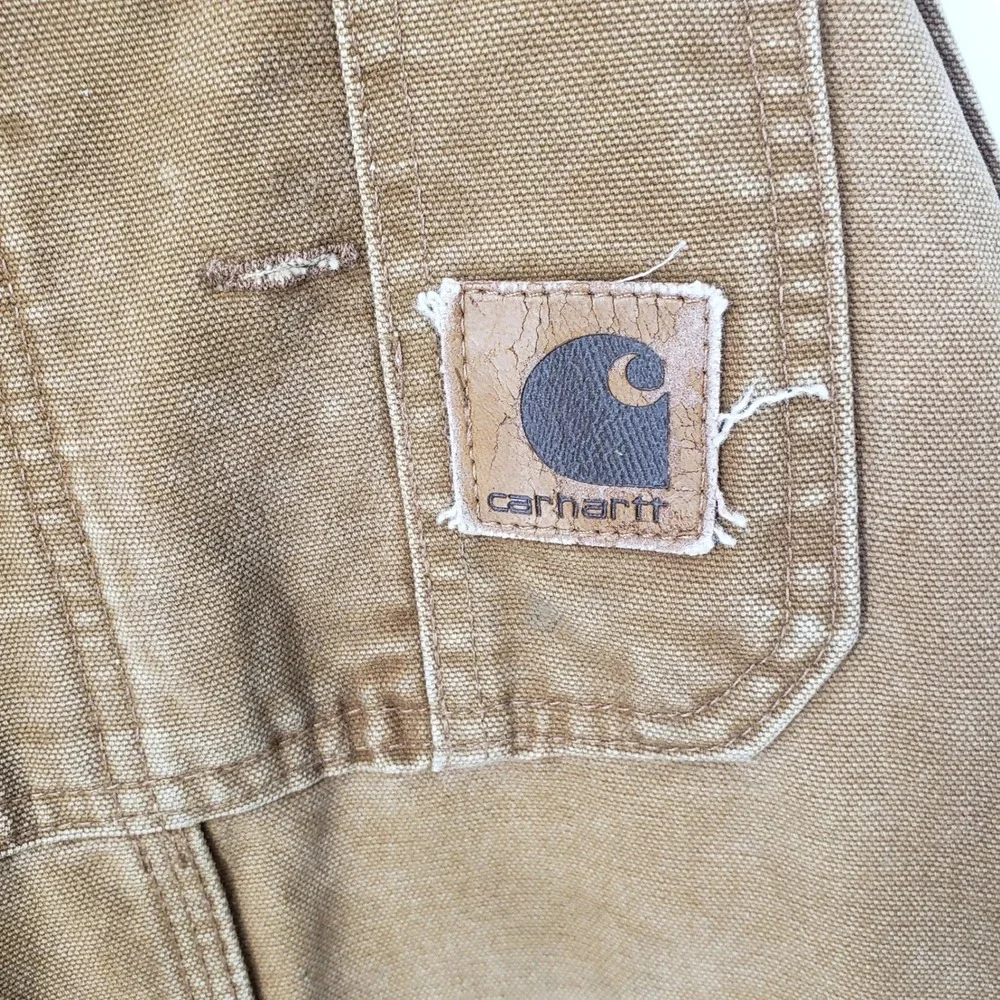 Vintage Carhartt Thrashed Duck Canvas Quilted Lined Bib Overalls 42x34 Distress